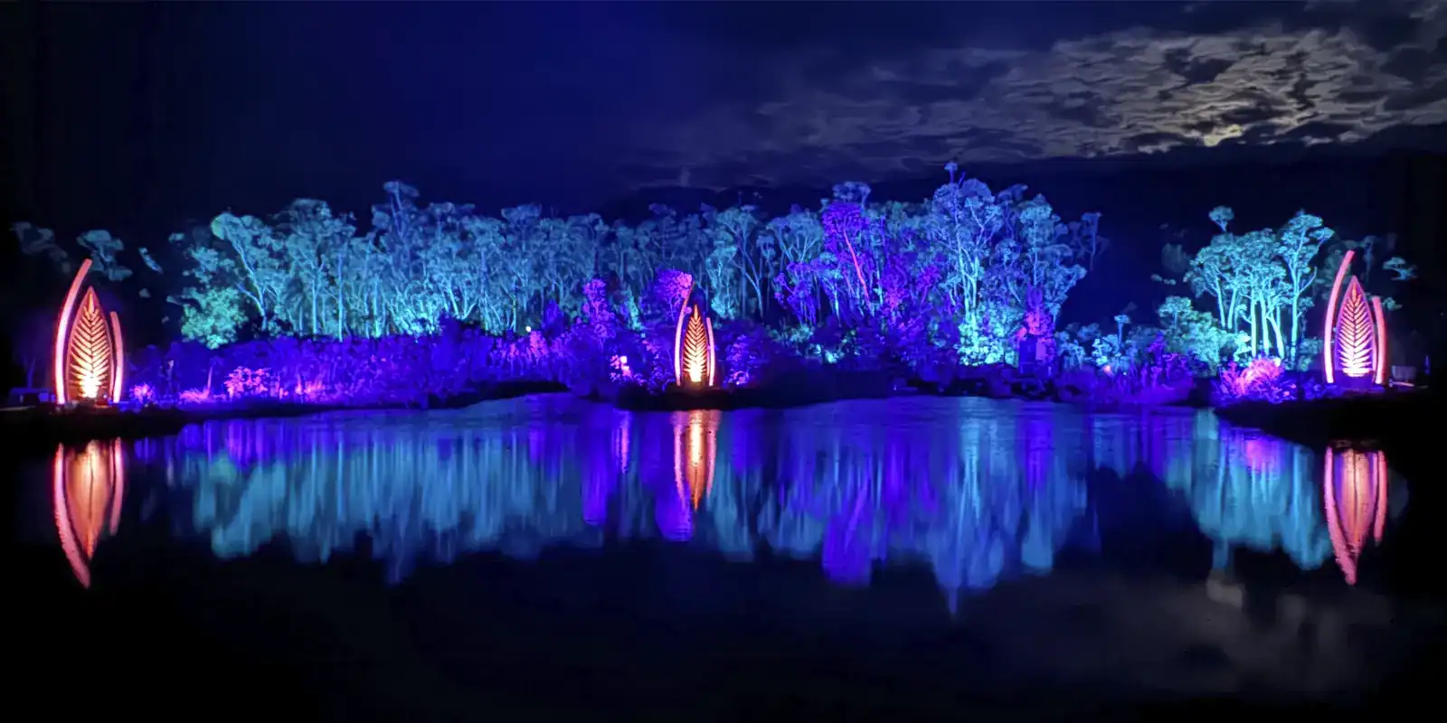 Illumina laser light and sound show at Kingfisher Bay Resort, showcasing sustainable event infrastructure built on ground screws—minimal ground disturbance, no concrete, and fast installation ideal for temporary or permanent construction on sensitive terrain.